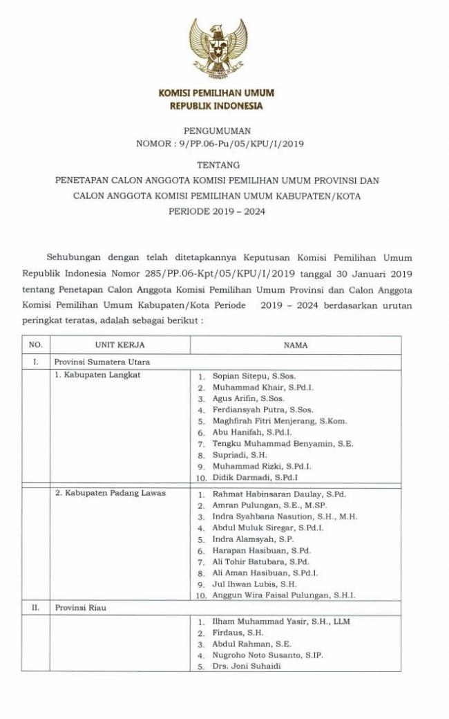 Berikut daftar Putra terbaik yang duduk di jajaran Komisioner KPU Riau